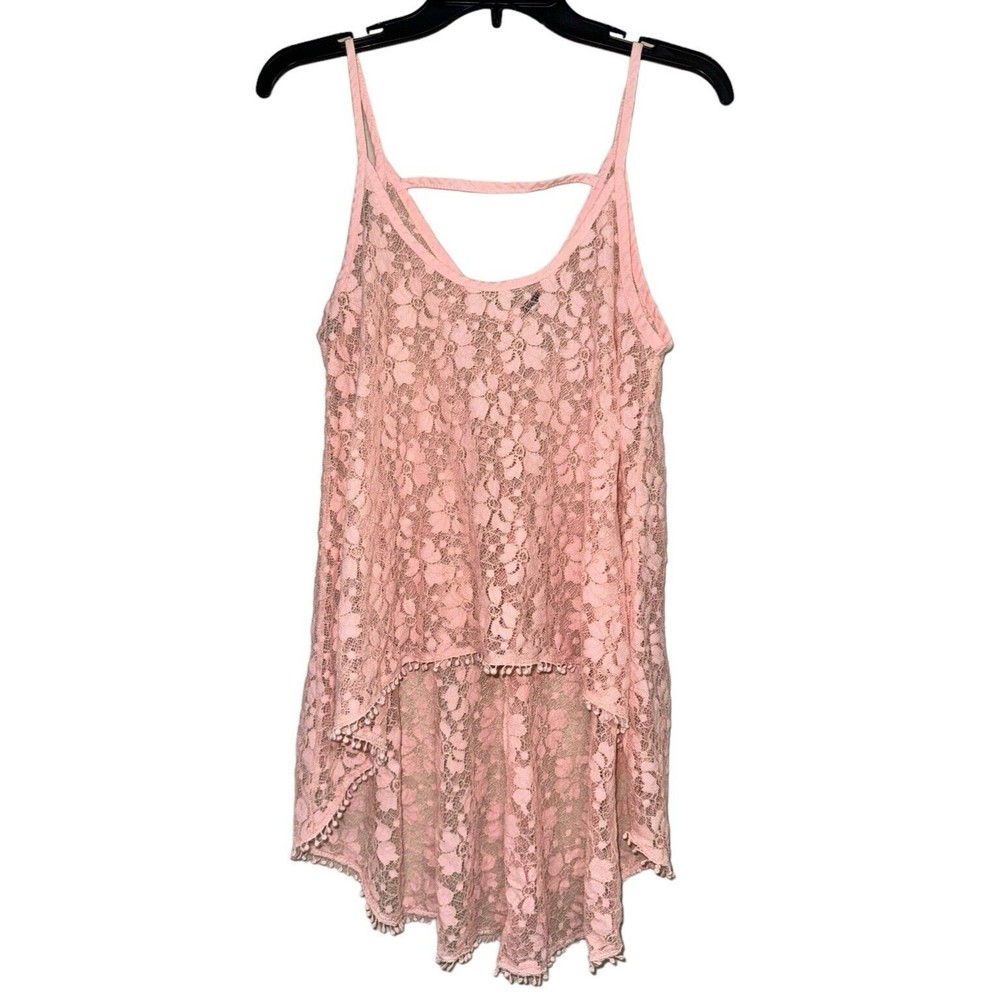 POOF Lace Strappy Camisole Scoop Neck Sheer Top Size‎ S Pink High-Lo Swing